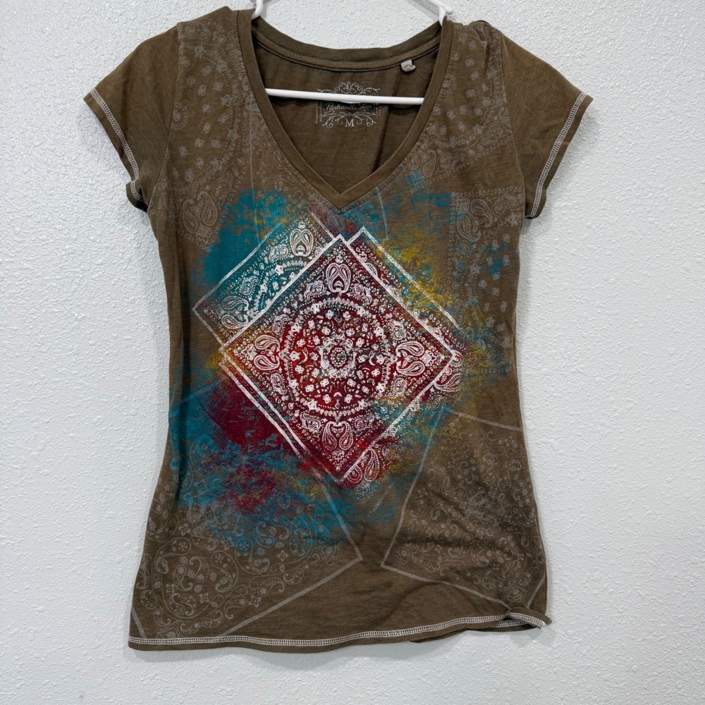 Panhandle Slim Womens Brown Bandana Graphic Studded V-Neck T-Shirt Medium